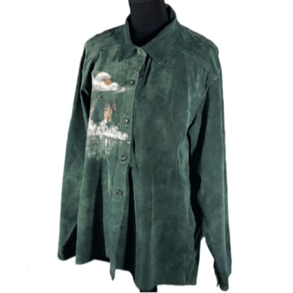 Wanted by Outlaws VTG Button Up Green Suede Shirt Jacket Women's M - Picture 1 of 8